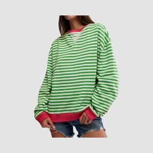 We The Free Striped Pullover Sweatshirt M Green White Pink Trim Cotton Blend